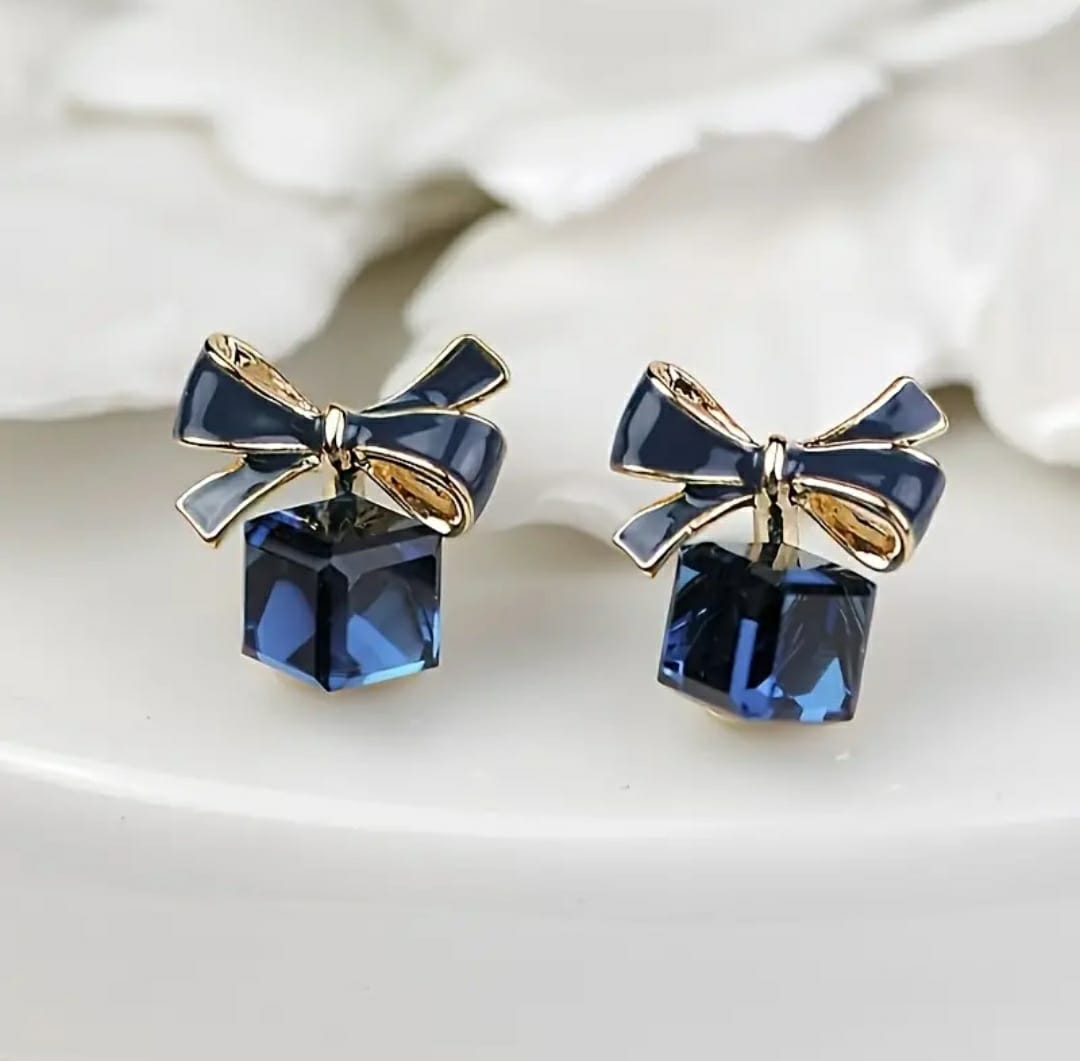 Blue Bow with Cube Style Earrings – A Unique Blend of Whimsy and Sophistication