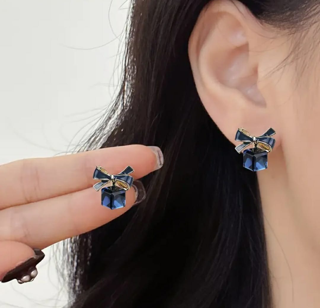 Blue Bow with Cube Style Earrings – A Unique Blend of Whimsy and Sophistication