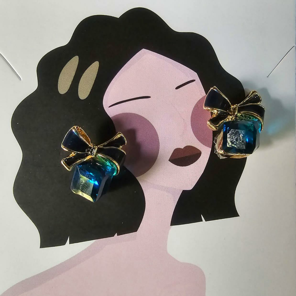 Blue Bow with Cube Style Earrings – A Unique Blend of Whimsy and Sophistication