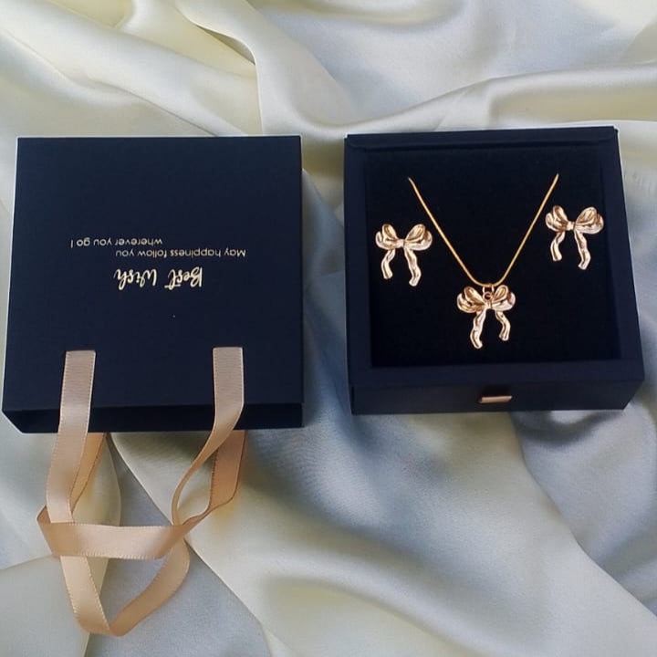 Golden Bow Set – Dainty Gold Bow Necklace and Earring Set