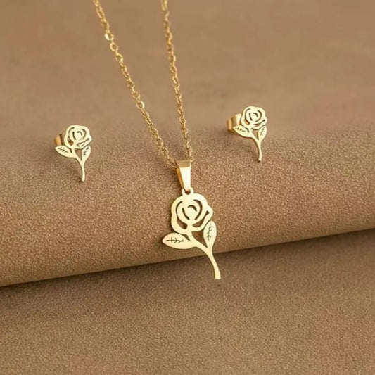 Golden Rose Set – Romantic Gold Necklace and Earring Set with Rose Design